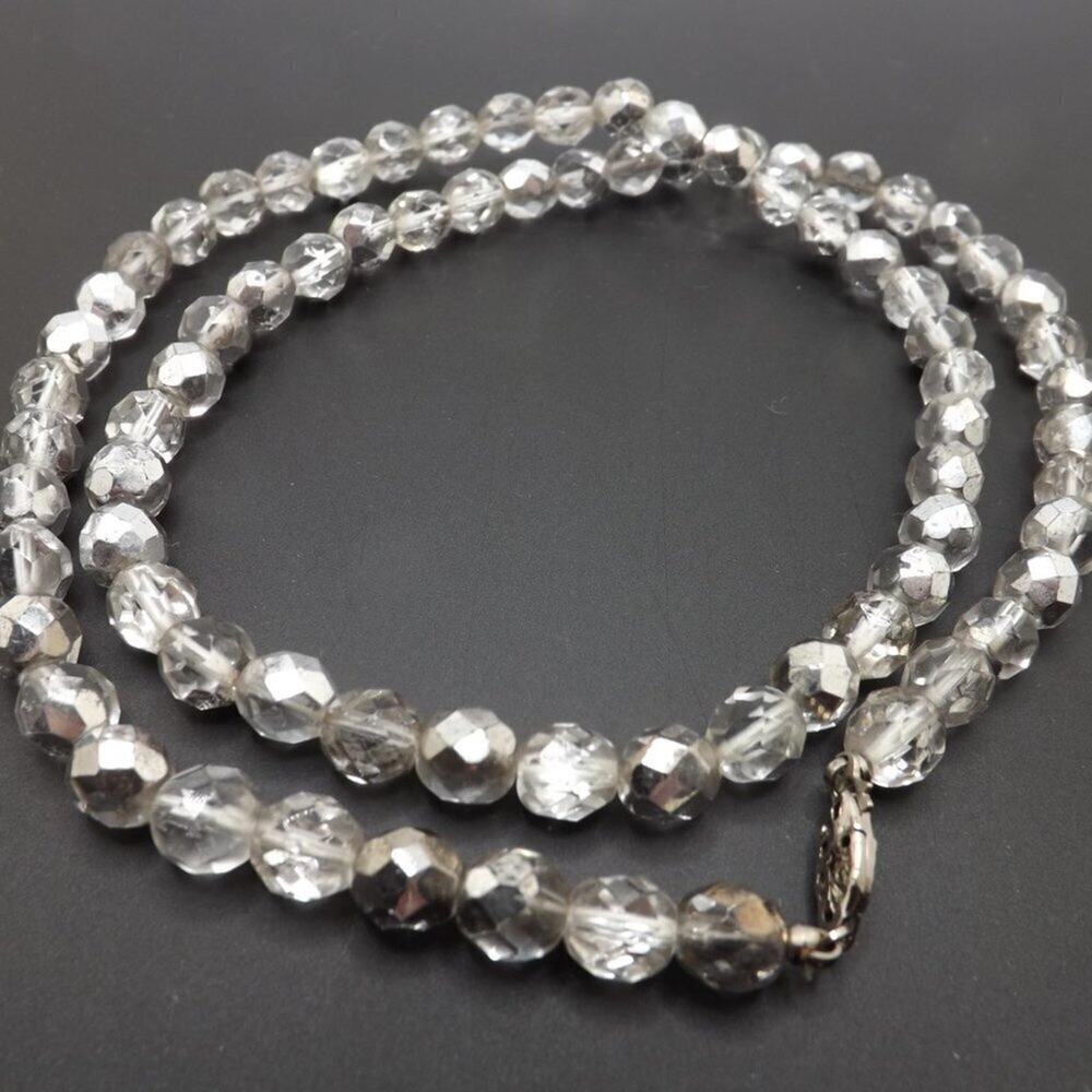 Vintage Czech Silver Clear Fire Polished AB Beaded Necklace, 24 Inches